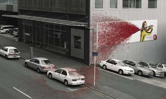 Saatchi & Saatchi New Zealand drenched the wall, sidewalk and three shiny white cars in its promotion for Tarantino movie Kill Bill, Vol 1