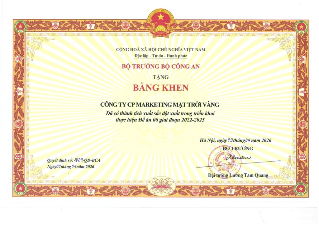 GOLDSUN MEDIA VINH DỰ NHẬN BẰNG KHEN TỪ BỘ CÔNG AN VÌ THÀNH TÍCH XUẤT SẮC TRONG TRIỂN KHAI ĐỀ ÁN 06